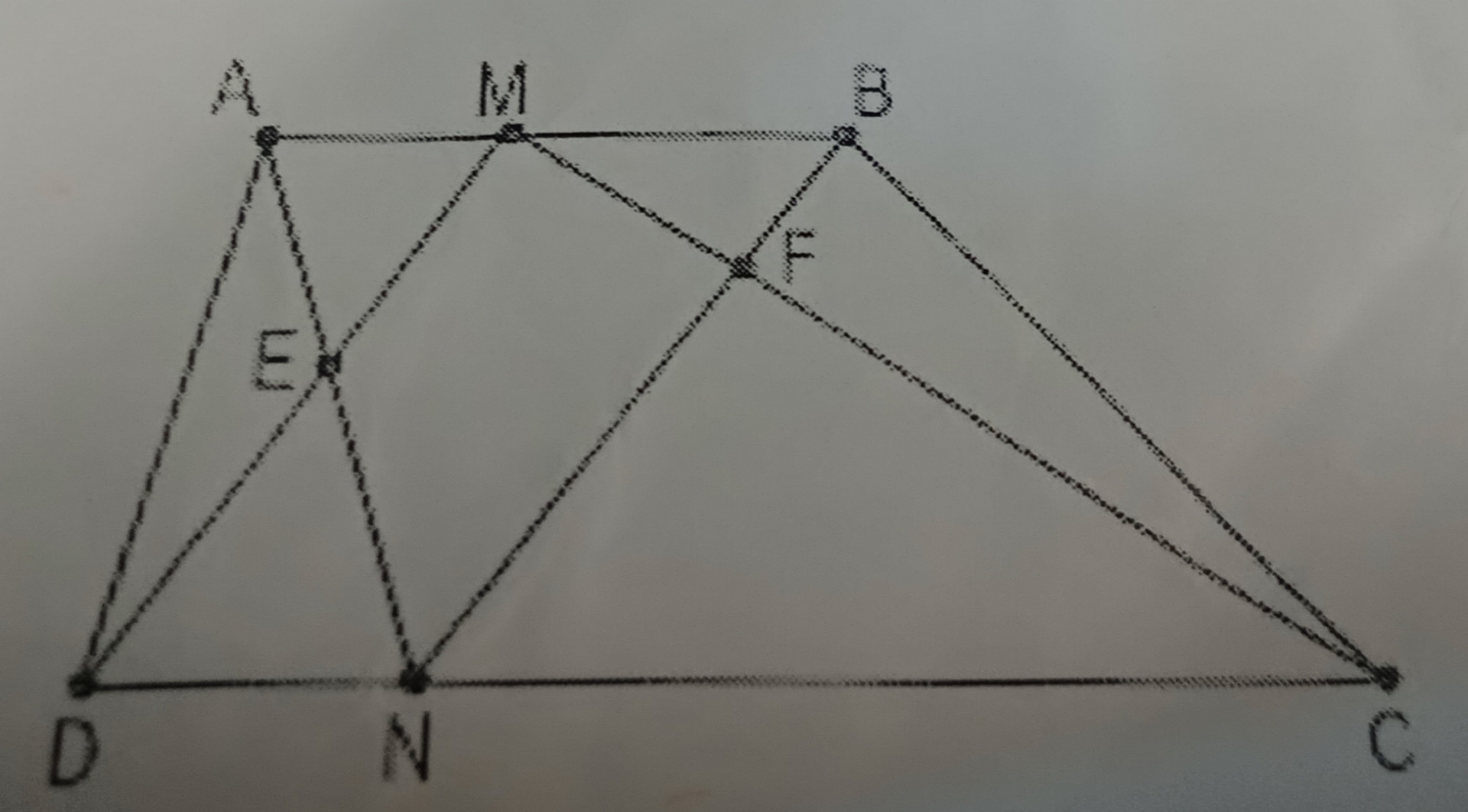 Cho hình thang ABCD (hình vẽ). Biết diện tích tam giác AED là 2cm² và BFC là 3cm², tính diện tích tứ giác MENF
