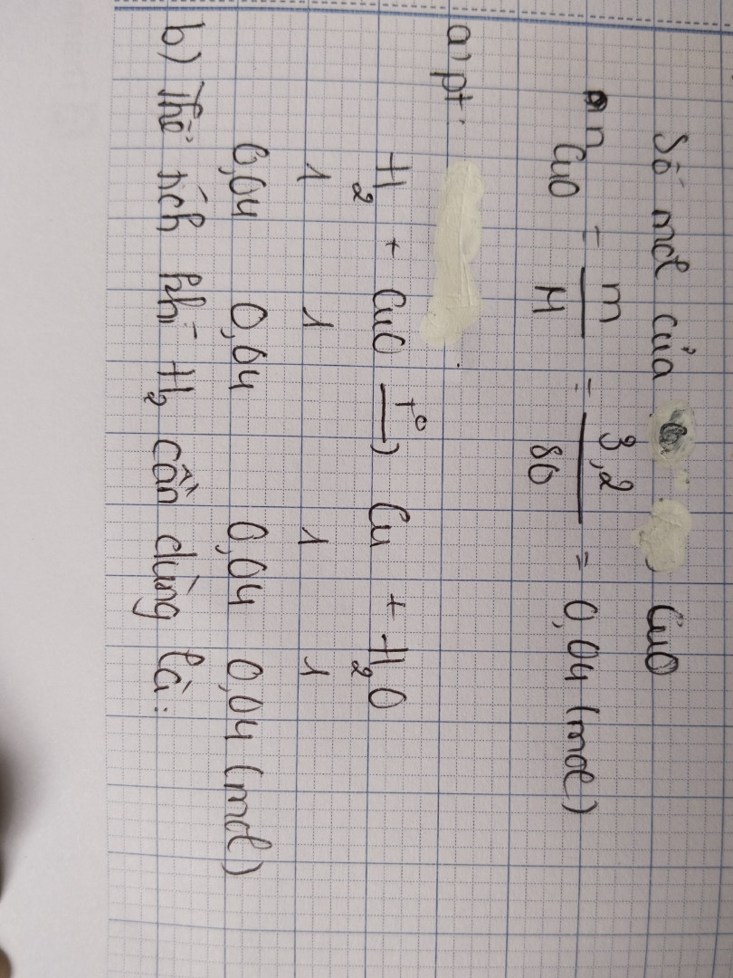 Dùng khí hiđro để khử 3,2 g đong oxit
A, viết phương trình hóa học
B, tính thể tích h2 cần dùng cho phản ứng 
C, tính số gam đồng tạo thành sau phản ứng