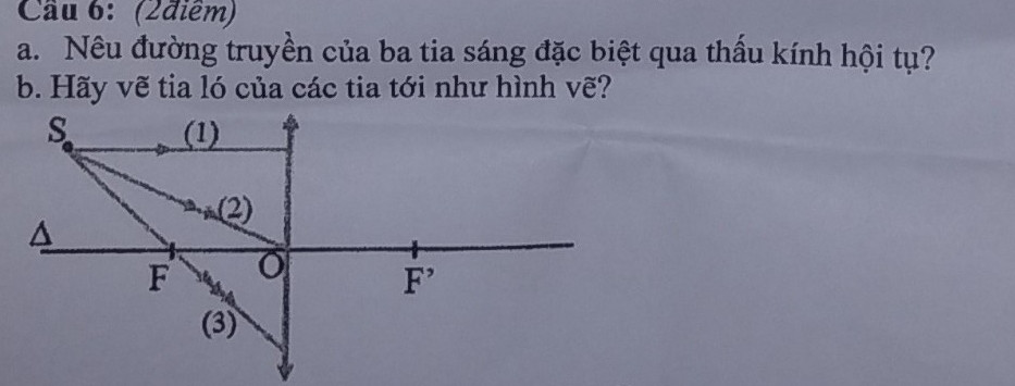 A. Nêu đường truyền của ba tia sáng đặc biệt qua thấu kính hội tụ?
B. Hãy vẽ tia ló của các tia tới như hình vẽ?
