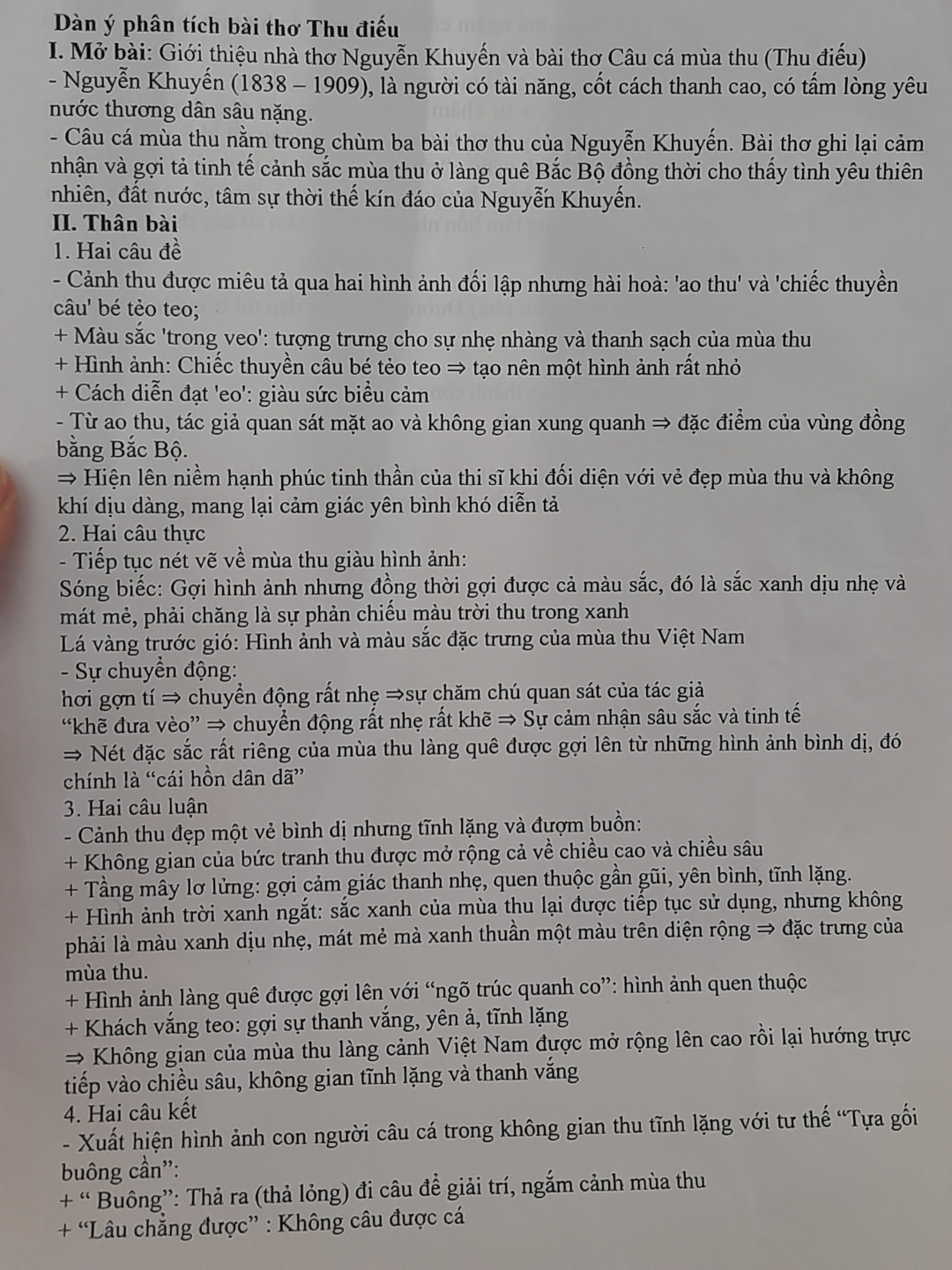 Dựa theo dàn ý này và giúp mình làm 1 bài văn phân tích bài thơ Thu Điếu này, có nhiều yếu tố nghệ thuật