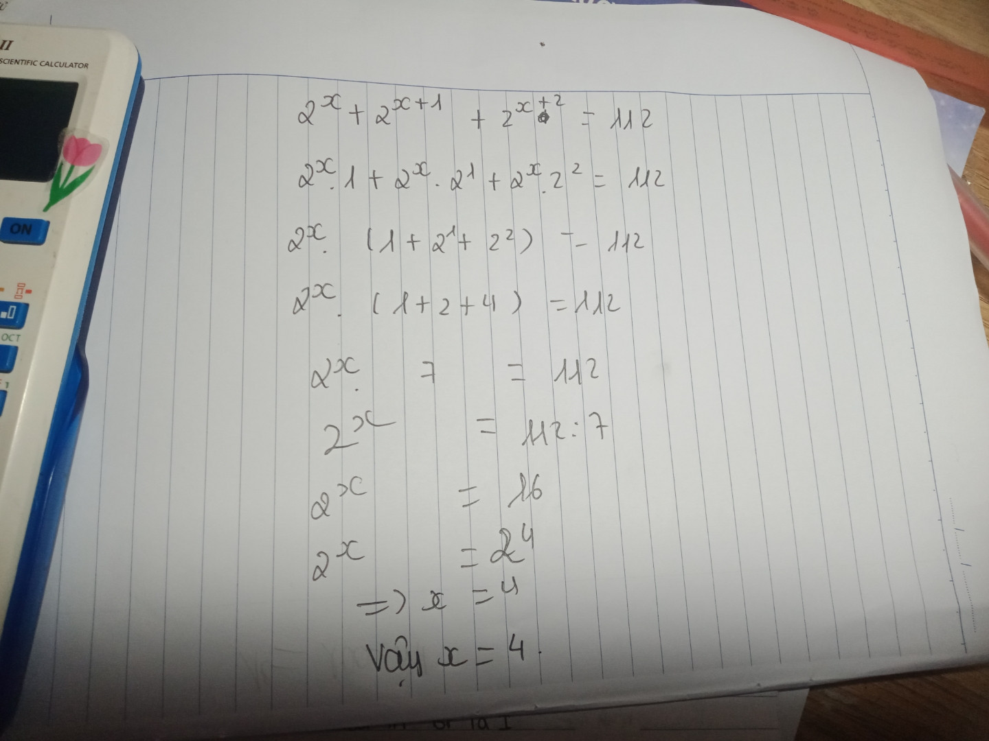 2 mũ x + 2 mũ x + mũ 1 + 2 mũ x + mũ 2 = 112