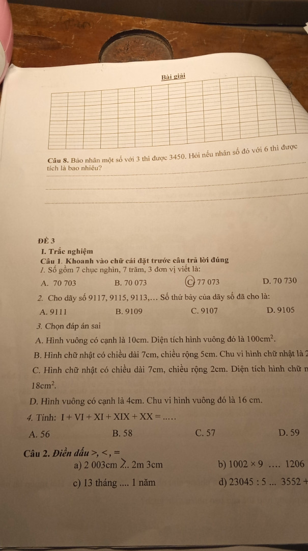 Đề cương Toán lớp 3 tại trường tiểu học Lý Tự Trọng phường Phương Lâm Thành phố Hòa Bình tỉnh Hòa Bình