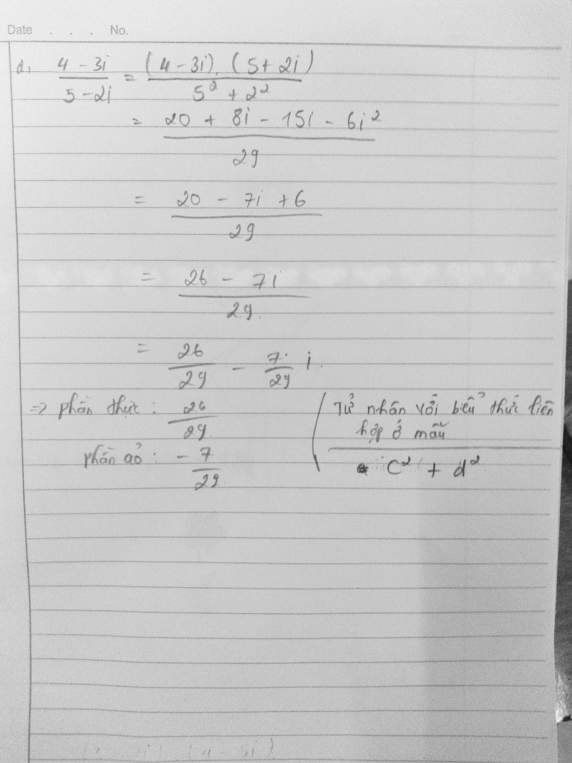 Giúp tôi bài vs Câu 1 a,(3-2i)+(1/2-3/2i) b,(-1/2i+3)-(3/2-5/2i) C,(3-2i)(4-5i)...