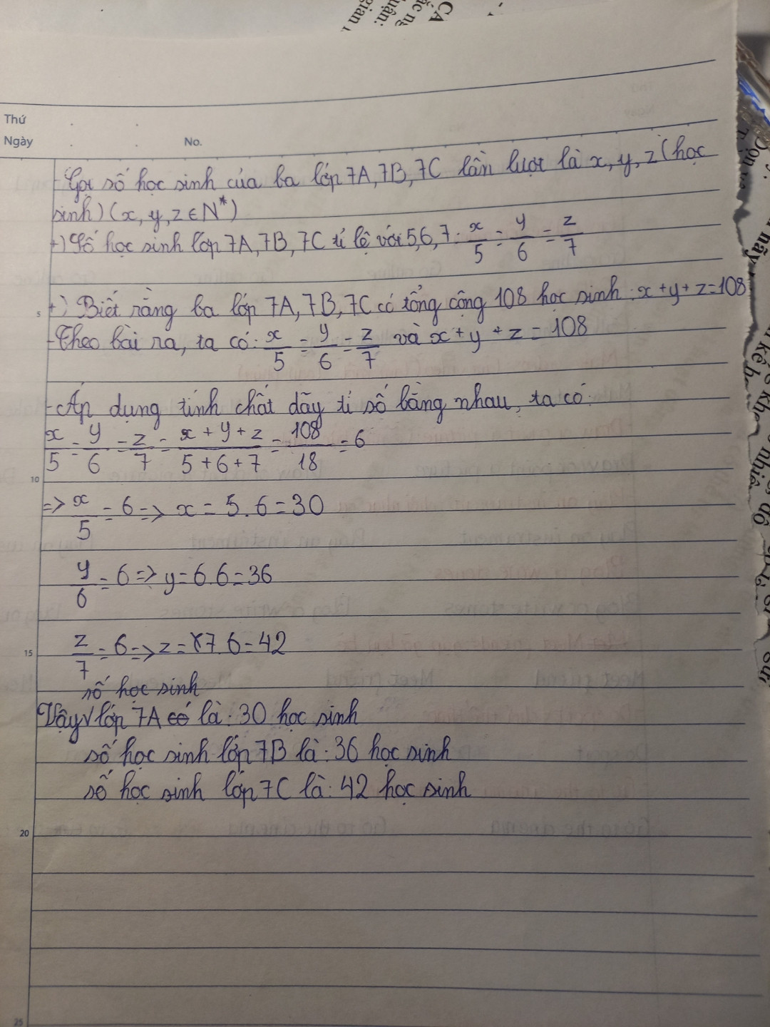 Chỗ học sinh lớp 7A 7B 7C tỉ lệ với 5 6 7 Tính số học sinh của mỗi lớp Biết rằng ba lớp có tổng cộng 108 học sinh