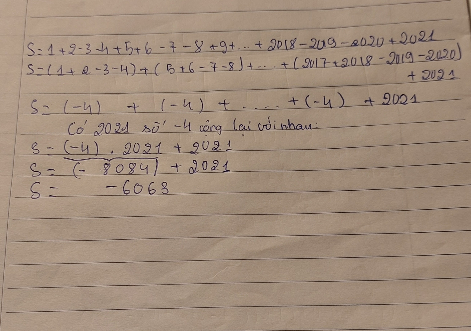 Tính tổng S= 1+2-3-4+5+6-7-8+9+...+2018-2019-2020+2021