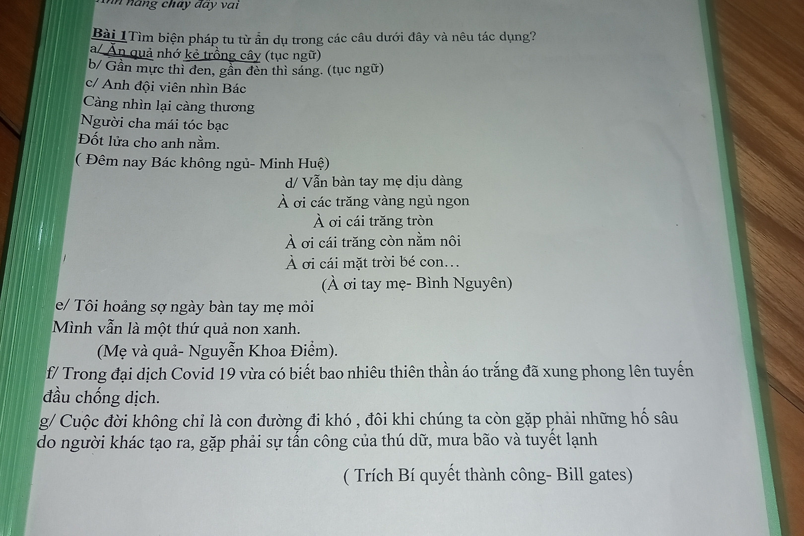 Anh đội viên nhìn bác
Càng nhìn lại càng thương 
Người cha mái tóc bạc
Đốt lửa cho anh nằm  
Đâu là ảnh dụ