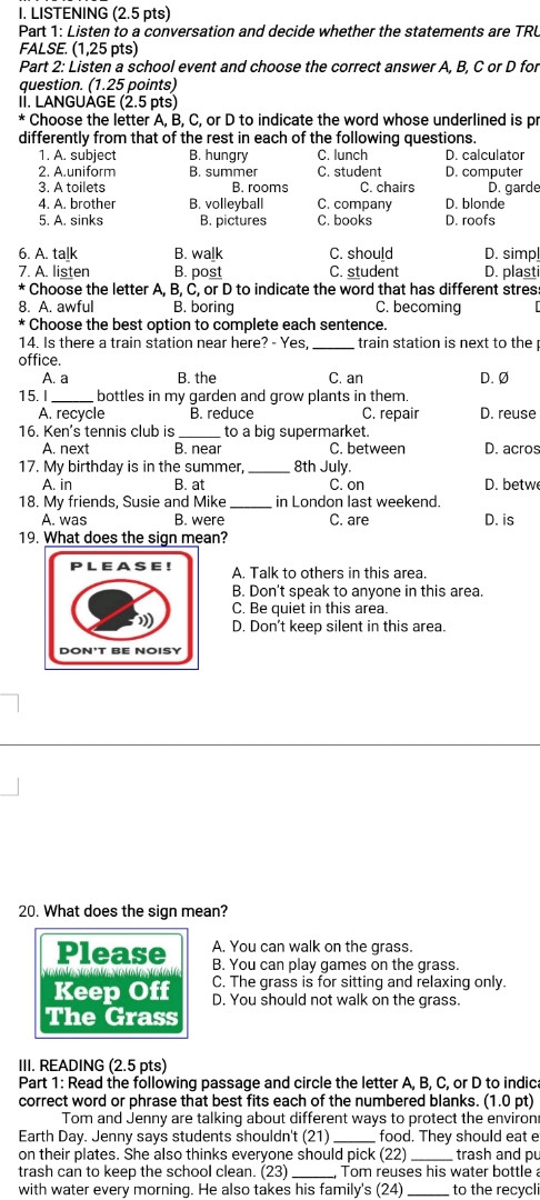 A. subject		B. hungry		C. lunch		D. calculator
2. A.uniform		B. summer		C. student		D. computer

3. A toilets	                        B. rooms		C. chairs		D. gardens
4. A. brother		B. volleyball		C. company		D. blonde
5. A. sinks	                           B. pictures		C. books		D. roofs