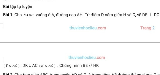 Cho tam giác ABC vuông tại A,có đường cao AH.Từ điểm D nằm giữa H và C vẽ DE vuông góc với DC(E thuộc AC),DK vuông góc với AC(K thuộc AC).chứng minh BE song song với HK