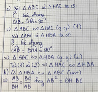 Cho tam giác ABC vuông tại A đường cao AH ( H thuộc BC ) có AB = 6 cm AC bằng 8 cm
A) chỉ ra các cặp tam giác đồng dạng
B) cho AD là đường phân giác của tam giác ABC  (d thuộc BC) 
C) chứng minh ab² = bh ×BC